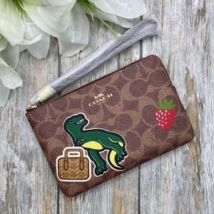 Coach Wristlet In Signature Canvas With Sticker Dinosaur Print Wallet Bag Purse